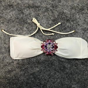 Bandeau Bikini Top M Large Bling Jewel Flower White Removable Straps Strapless